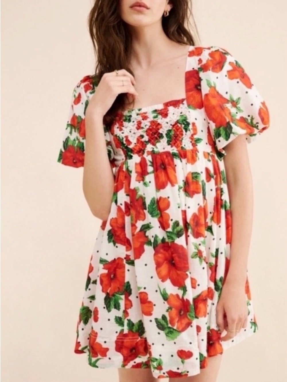Maeve Anthropologie Square Neck Mini Babydoll Dress Red Floral Print Size Large - Picture 1 of 13